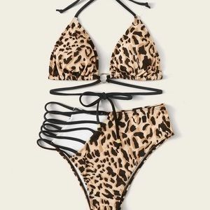 Leopard Halter High Waisted Bikini Swimsuit